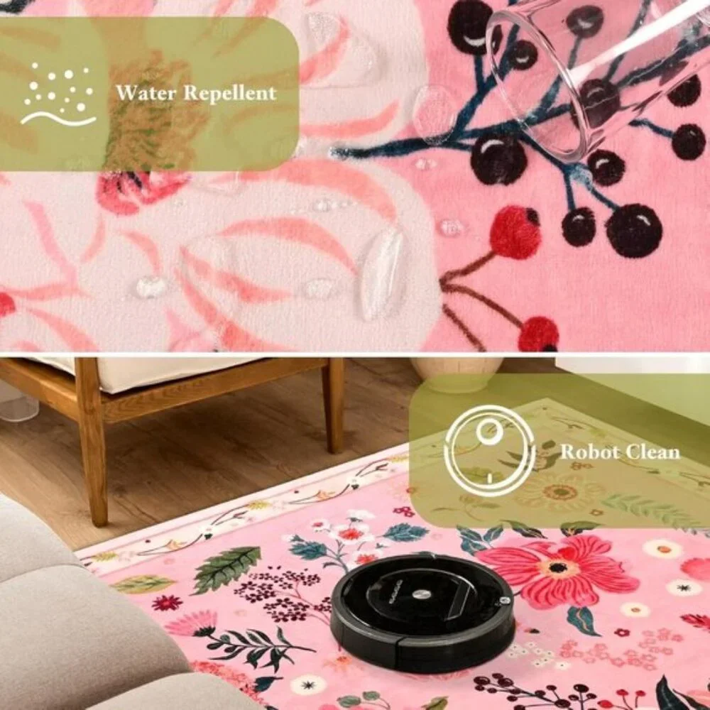 New 5x7 Pink Floral Rug, Washable, Non-Slip Carpet for Girls’ Bedroom & Playroom